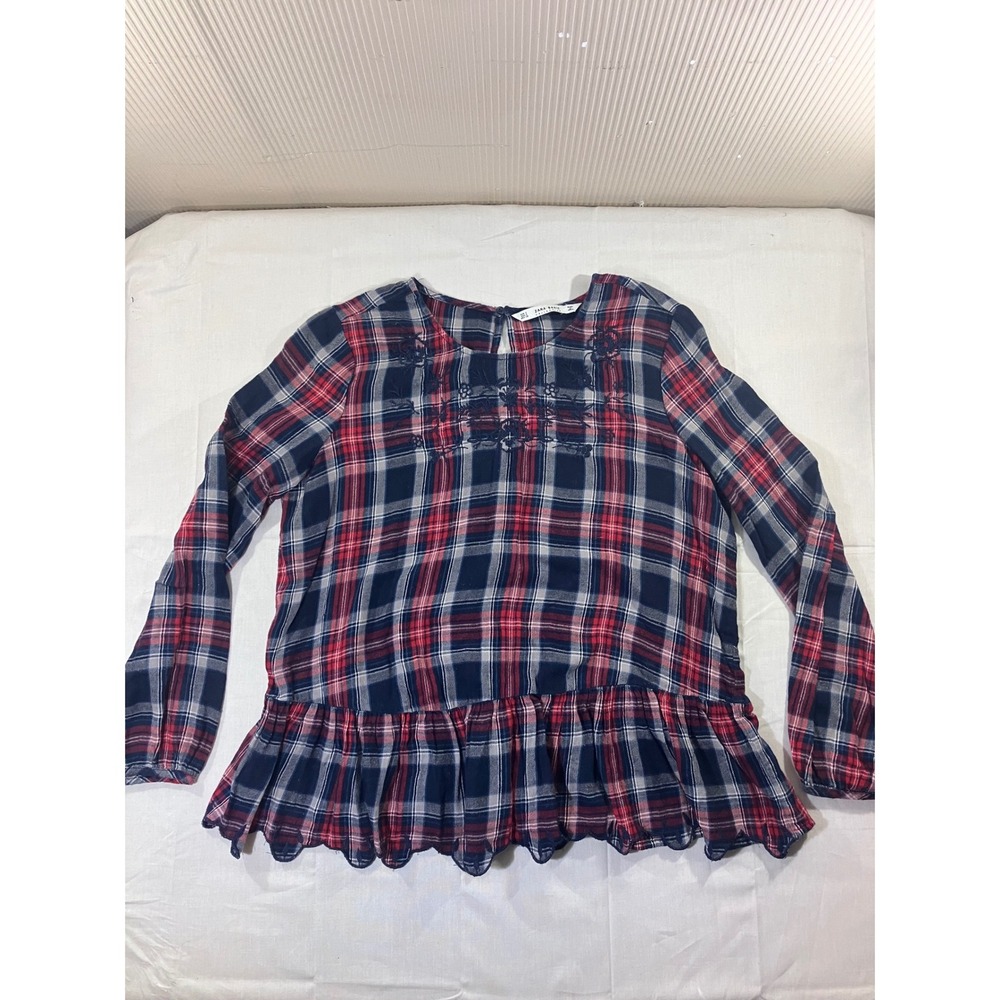 Zara Basic Collection Womens Plaid Long Sleeve Ruffle Peplum Top Size S‎